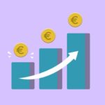 Vector illustration of income growth chart with arrow and euro coins against purple background